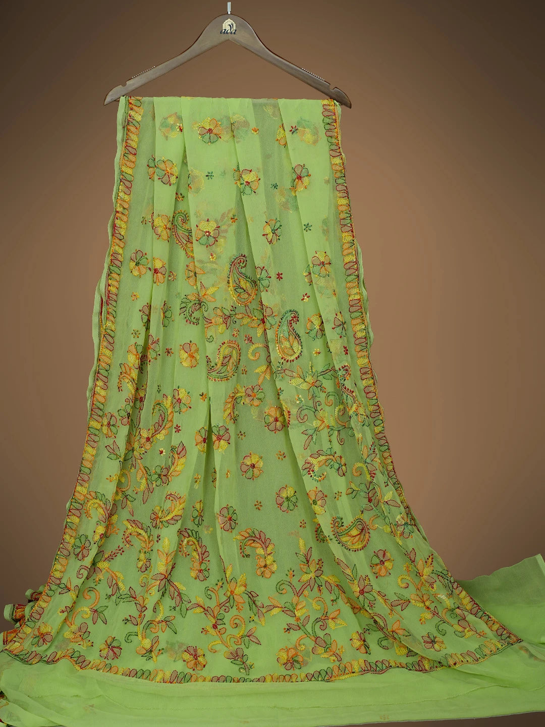 Ada Hand Embroidered Lime Green Georgette Lucknowi Chikankari Saree and Blouse 01A823390