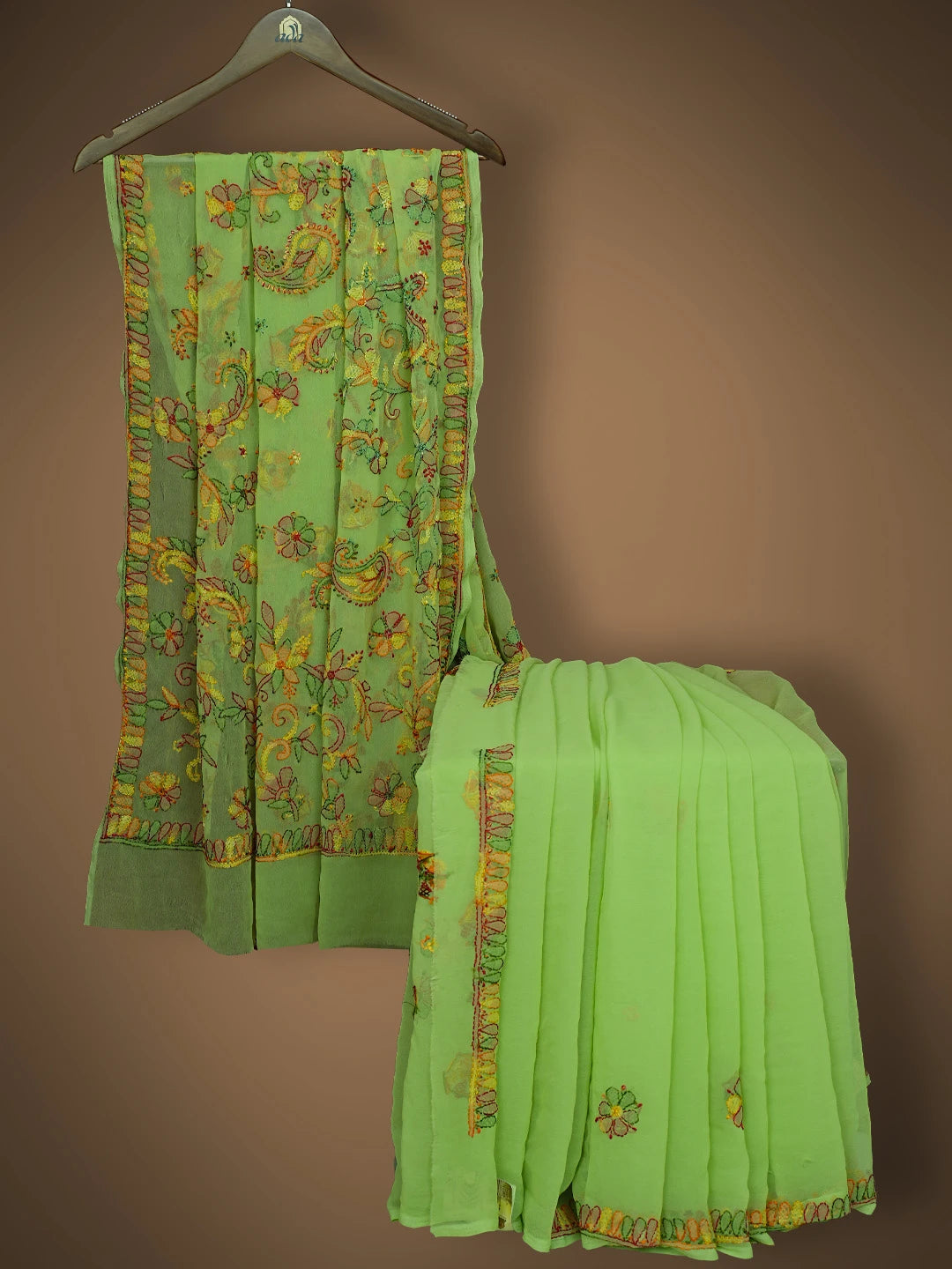 Ada Hand Embroidered Lime Green Georgette Lucknowi Chikankari Saree and Blouse 01A823390