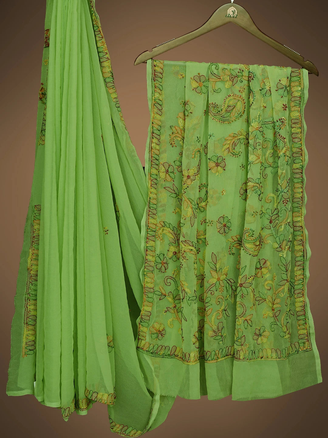Ada Hand Embroidered Lime Green Georgette Lucknowi Chikankari Saree and Blouse 01A823390