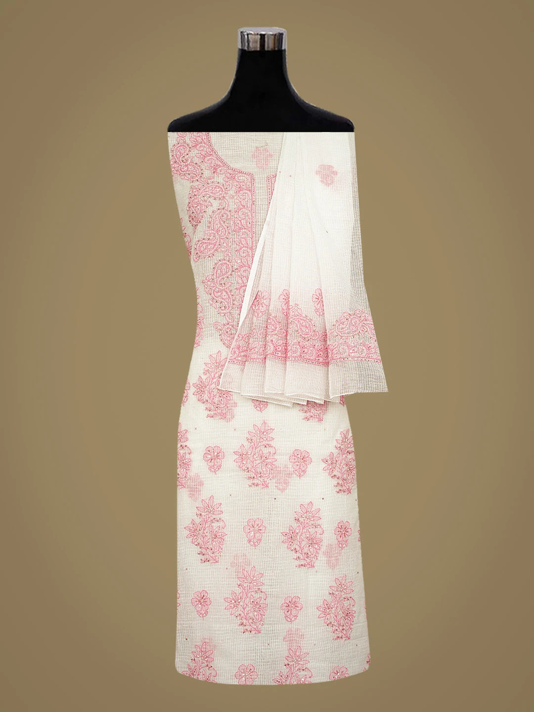 Ada Hand Embroidered White Kota Lucknowi Chikankari Unstitched Kurta Dupatta Set With Cutdana Work 01A581887
