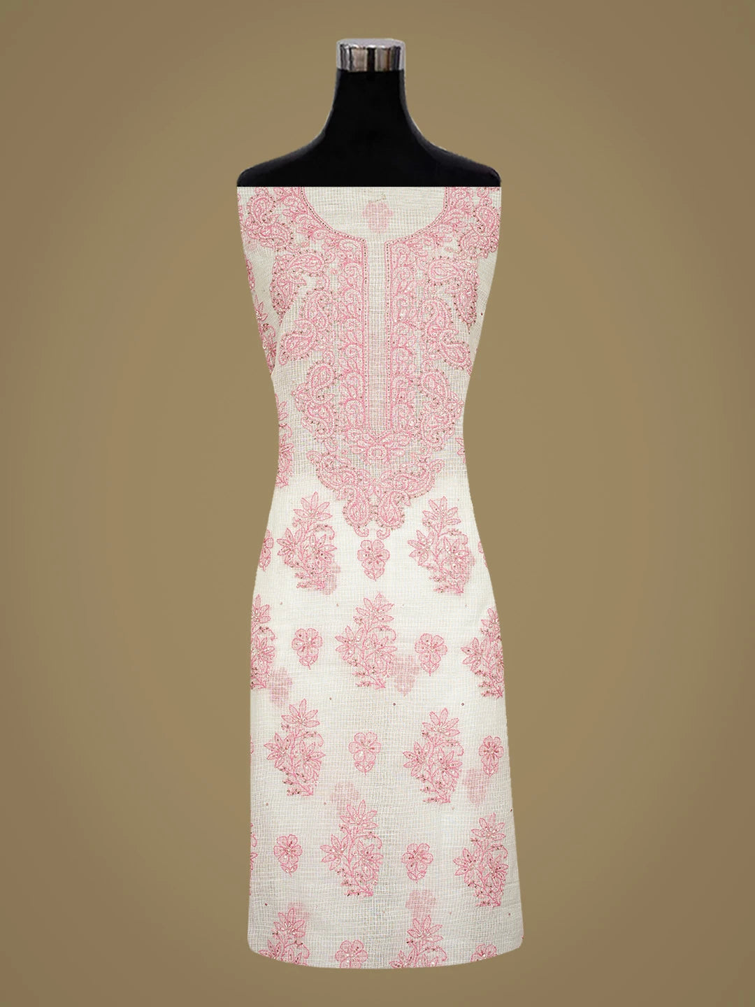 Ada Hand Embroidered White Kota Lucknowi Chikankari Unstitched Kurta Dupatta Set With Cutdana Work 01A581887
