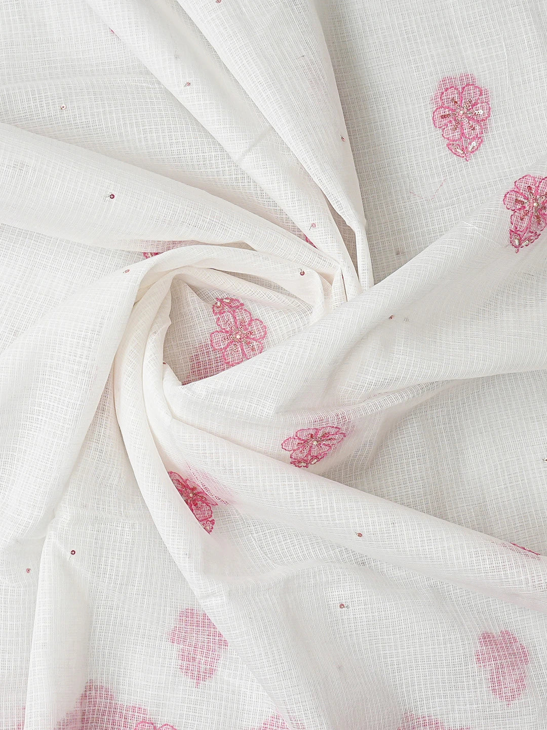 Ada Hand Embroidered White Kota Lucknowi Chikankari Unstitched Kurta Dupatta Set With Cutdana Work 01A581887
