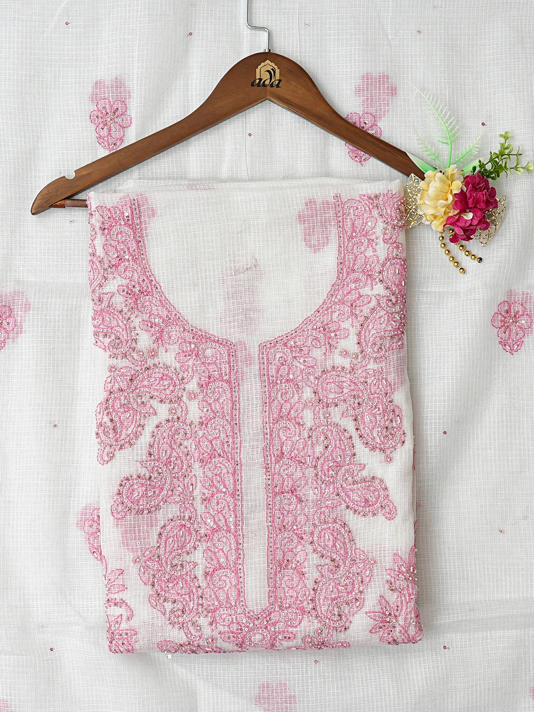 Ada Hand Embroidered White Kota Lucknowi Chikankari Unstitched Kurta Dupatta Set With Cutdana Work 01A581887