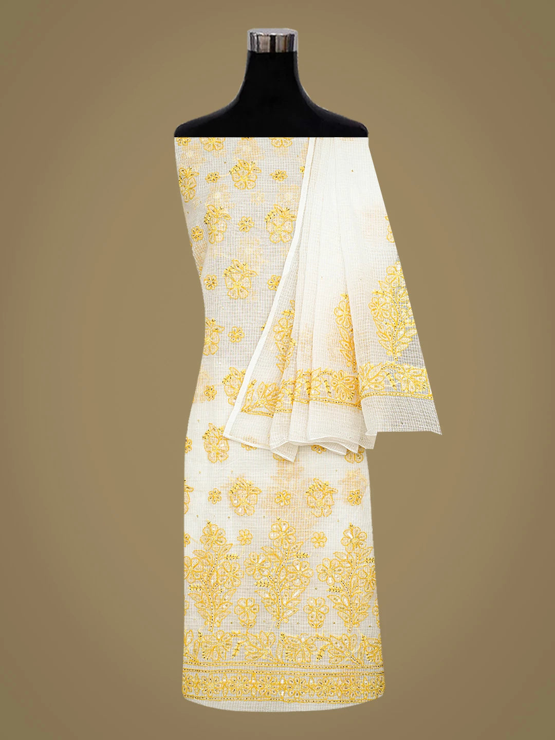 Ada Hand Embroidered White Kota Lucknowi Chikankari Unstitched Kurta Dupatta Set With Cutdana Work 01A581892