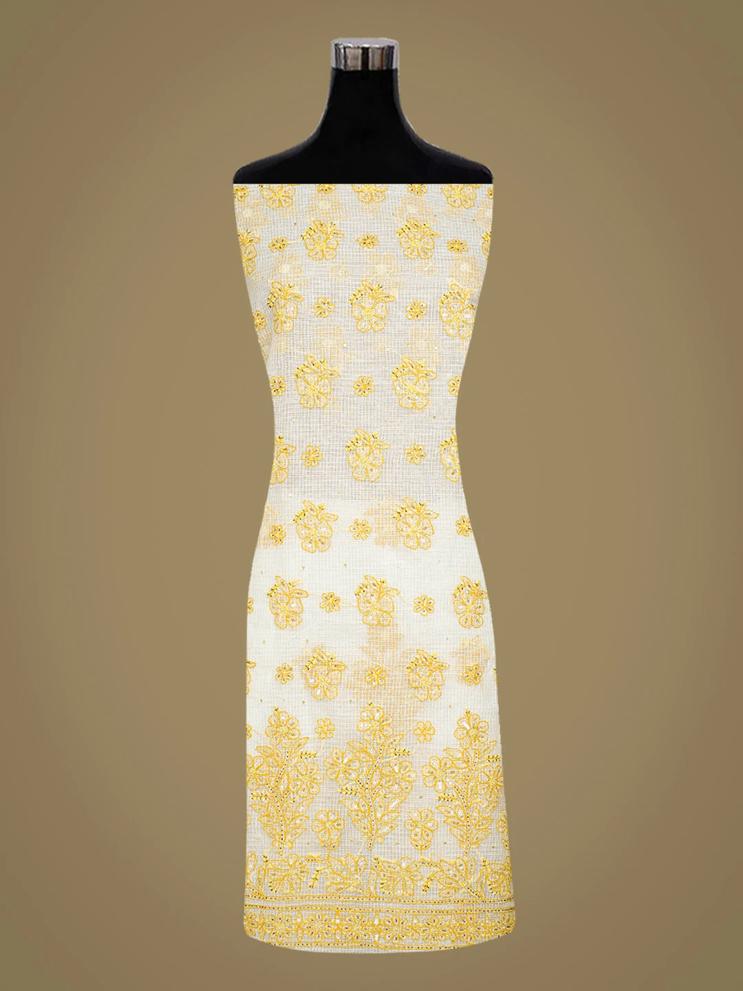 Ada Hand Embroidered White Kota Lucknowi Chikankari Unstitched Kurta Dupatta Set With Cutdana Work 01A581892