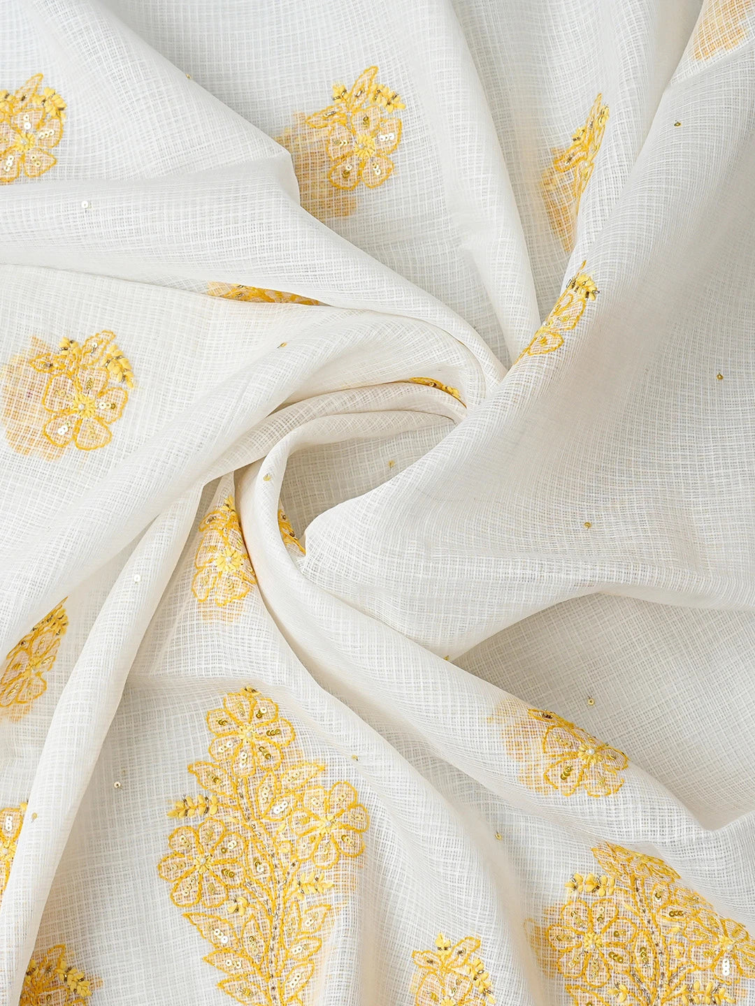 Ada Hand Embroidered White Kota Lucknowi Chikankari Unstitched Kurta Dupatta Set With Cutdana Work 01A581892