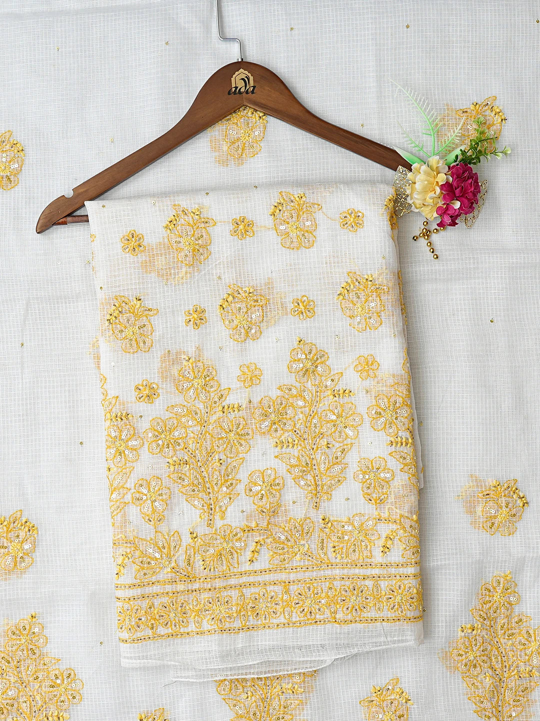 Ada Hand Embroidered White Kota Lucknowi Chikankari Unstitched Kurta Dupatta Set With Cutdana Work 01A581892