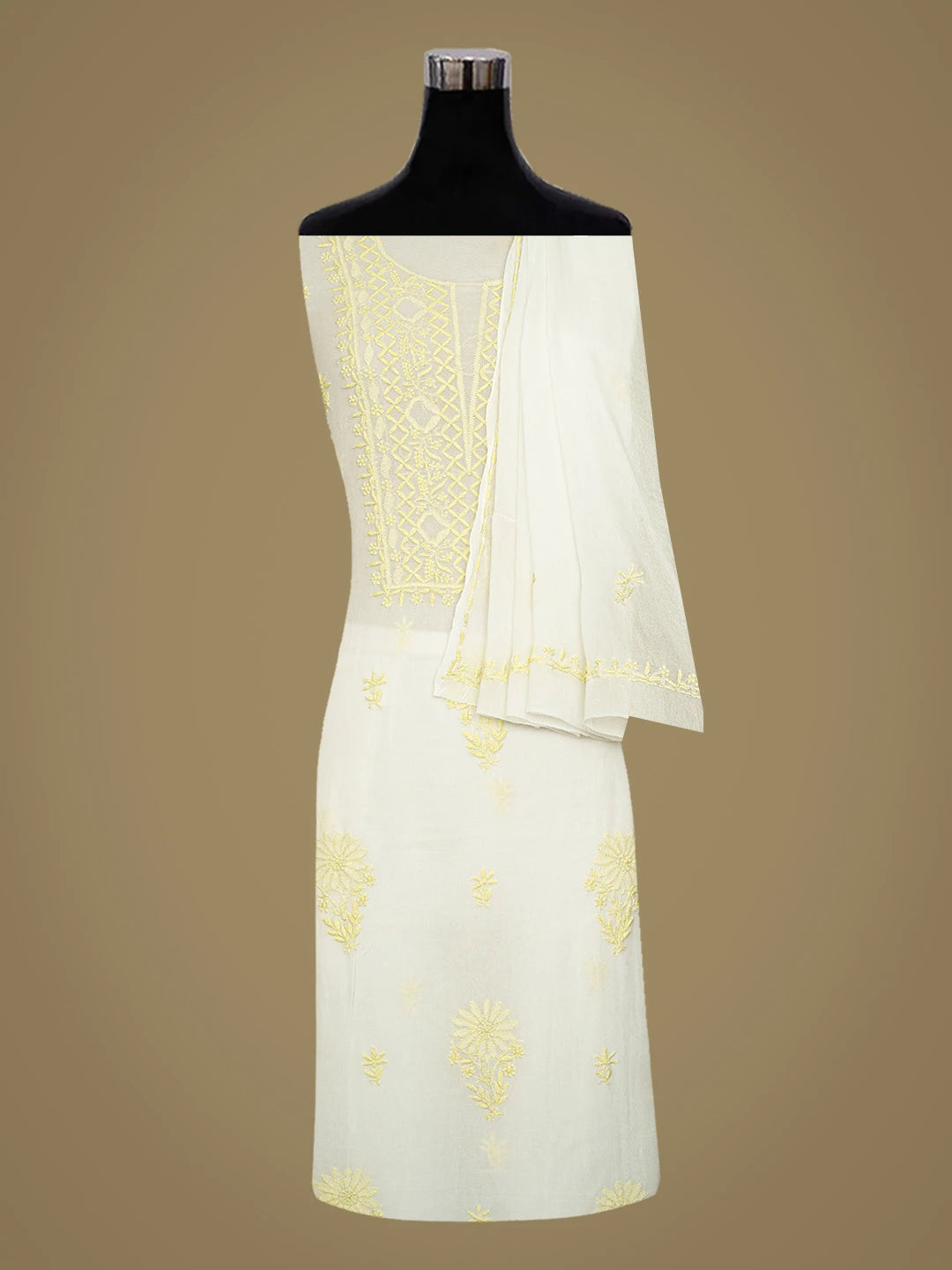 Ada Hand Embroidered White Viscose Georgette Lucknowi Chikankari Unstitched Kurta Dupatta Set 01A602160