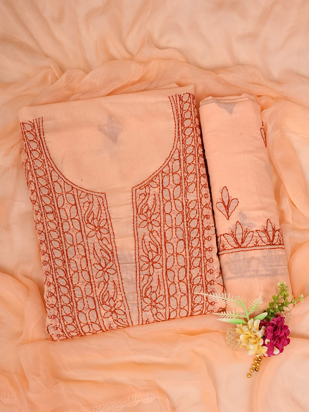 Ada Hand Embroidered Light Salmon Peach Cotton Lucknowi Chikankari Unstitched Suit Piece 01A829732
