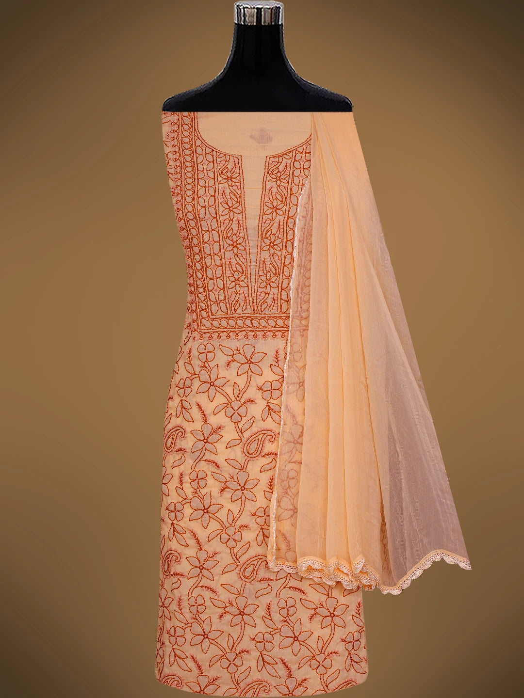 Ada Hand Embroidered Light Salmon Peach Cotton Lucknowi Chikankari Unstitched Suit Piece 01A829732
