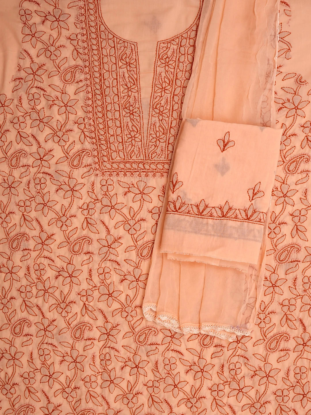 Ada Hand Embroidered Light Salmon Peach Cotton Lucknowi Chikankari Unstitched Suit Piece 01A829732