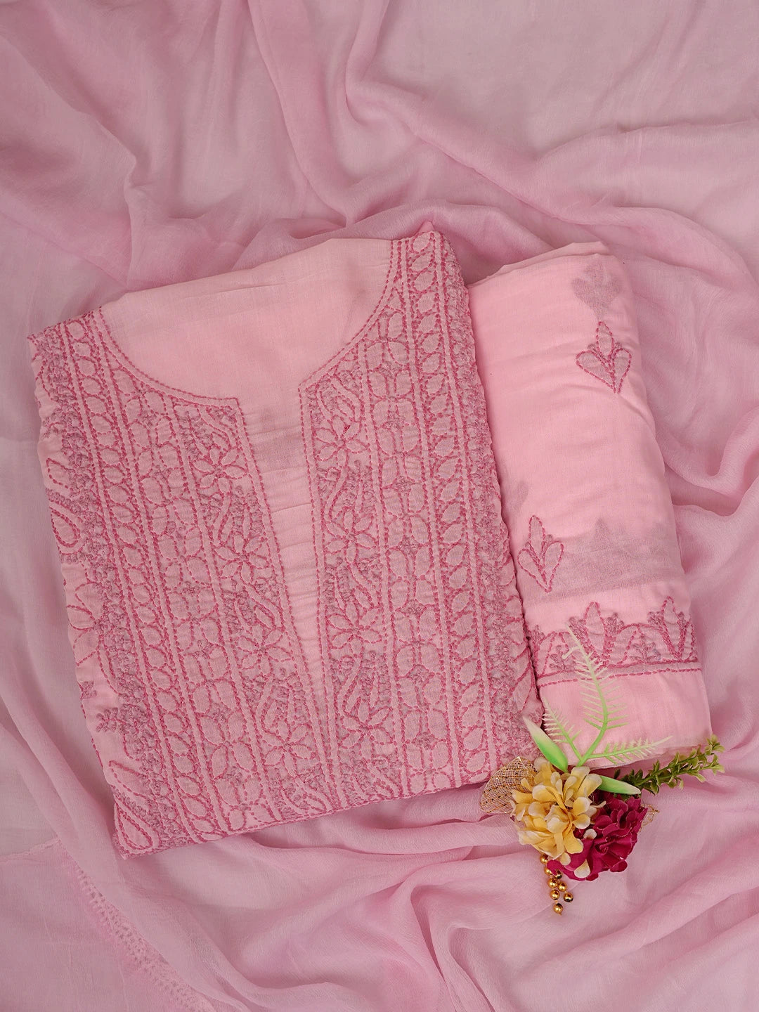 Ada Hand Embroidered Pink Cotton Lucknowi Chikankari Unstitched Suit Piece 01A829727