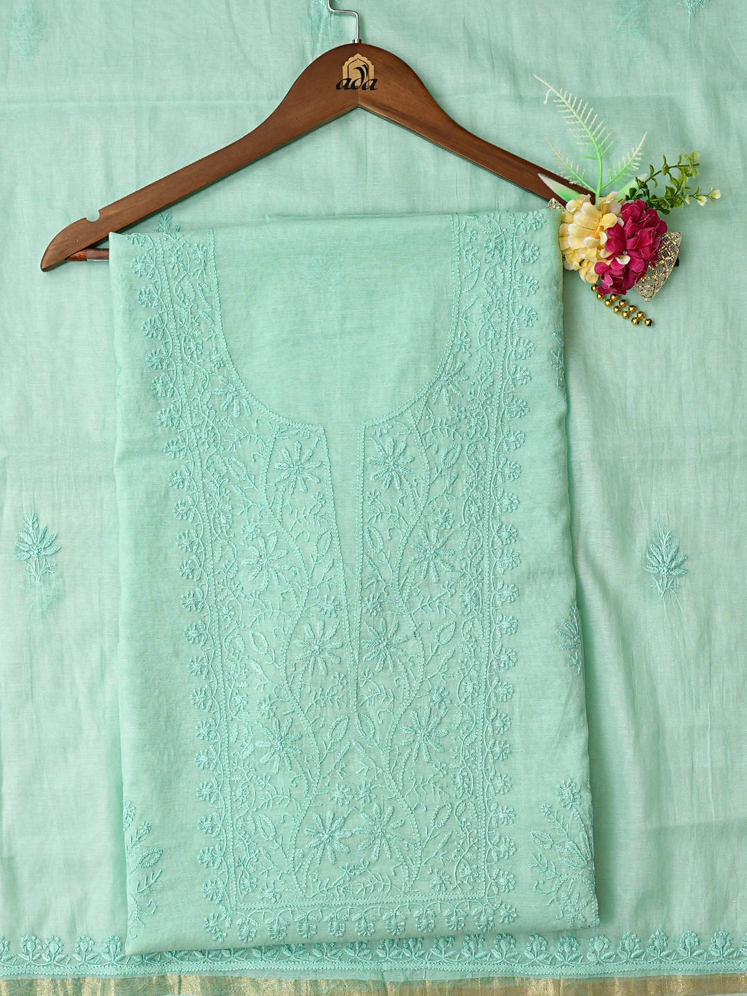 Ada Hand Embroidered Sea Green Chanderi Lucknowi Chikankari Unstitched Kurta Dupatta Set 01A810995