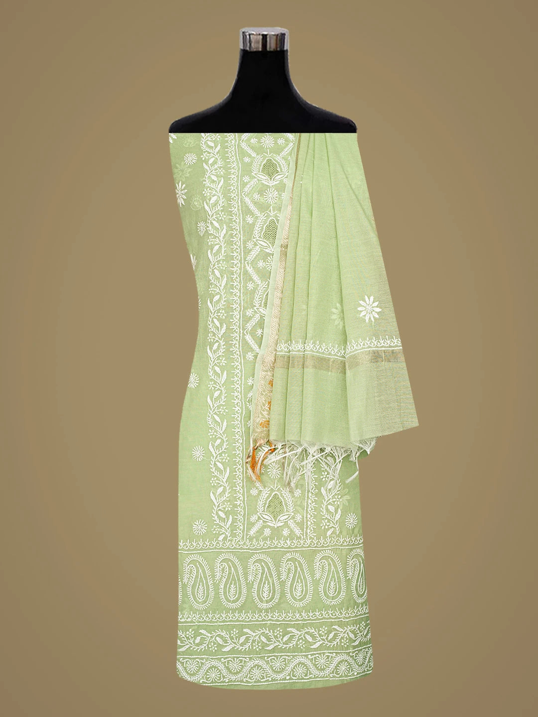 Ada Hand Embroidered Celadon Green Chanderi Lucknowi Chikankari Unstitched Kurta Dupatta Set 01A818438