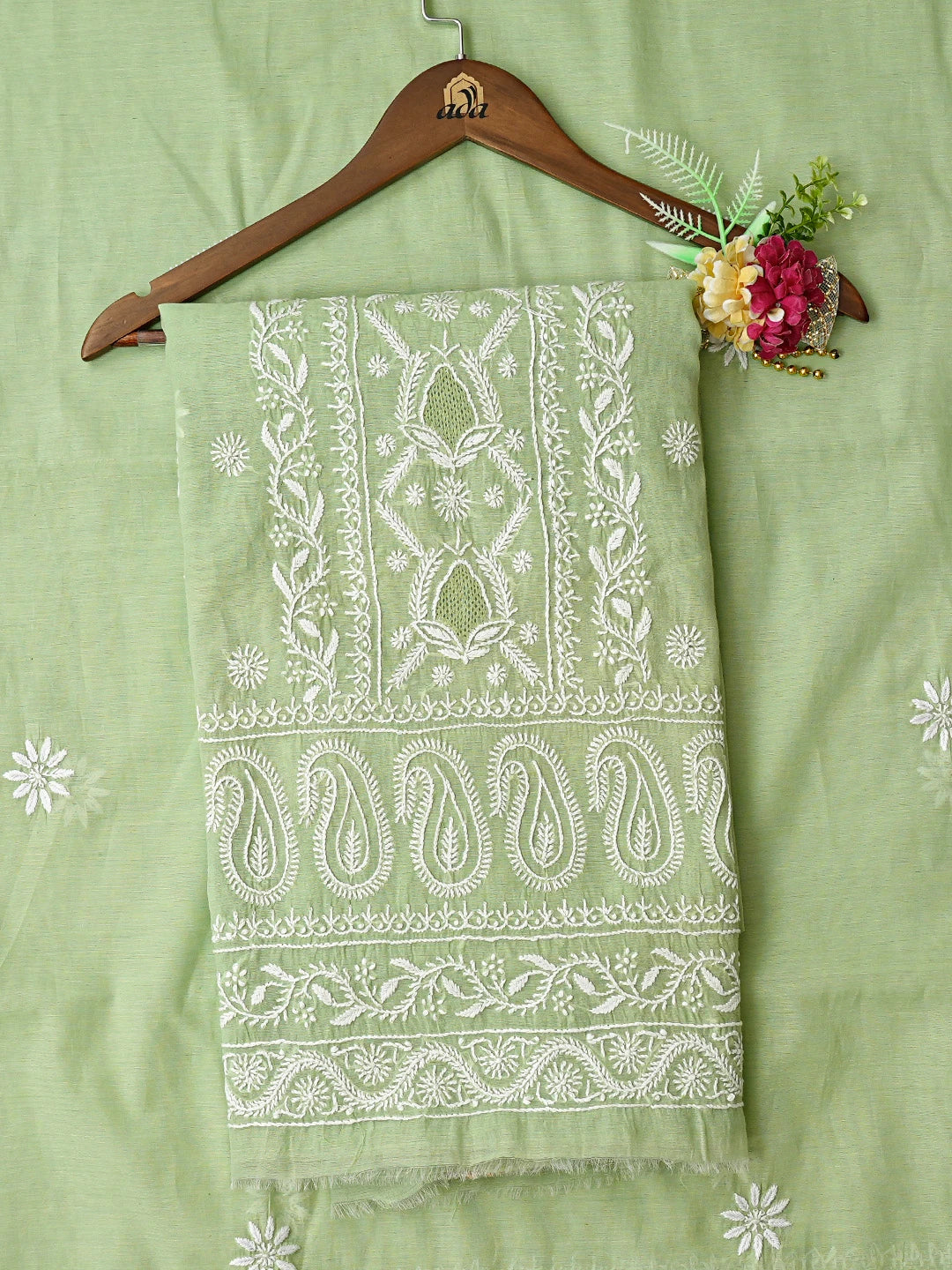 Ada Hand Embroidered Celadon Green Chanderi Lucknowi Chikankari Unstitched Kurta Dupatta Set 01A818438