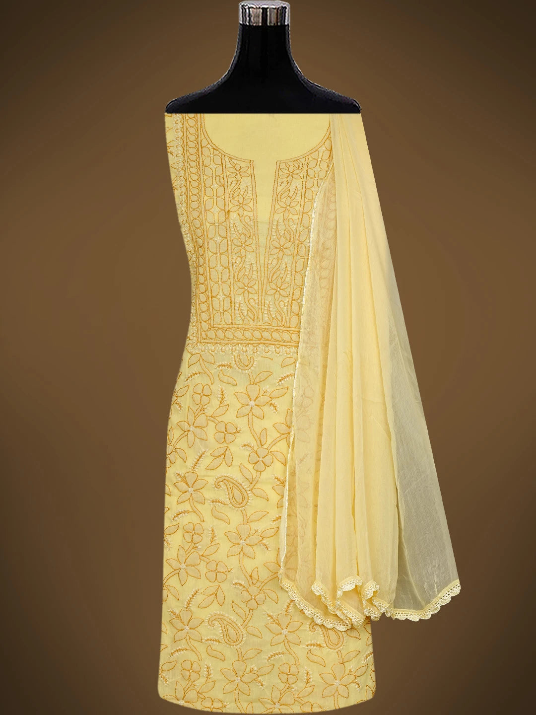 Ada Hand Embroidered Yellow Cotton Lucknowi Chikankari Unstitched Suit Piece 01A829720