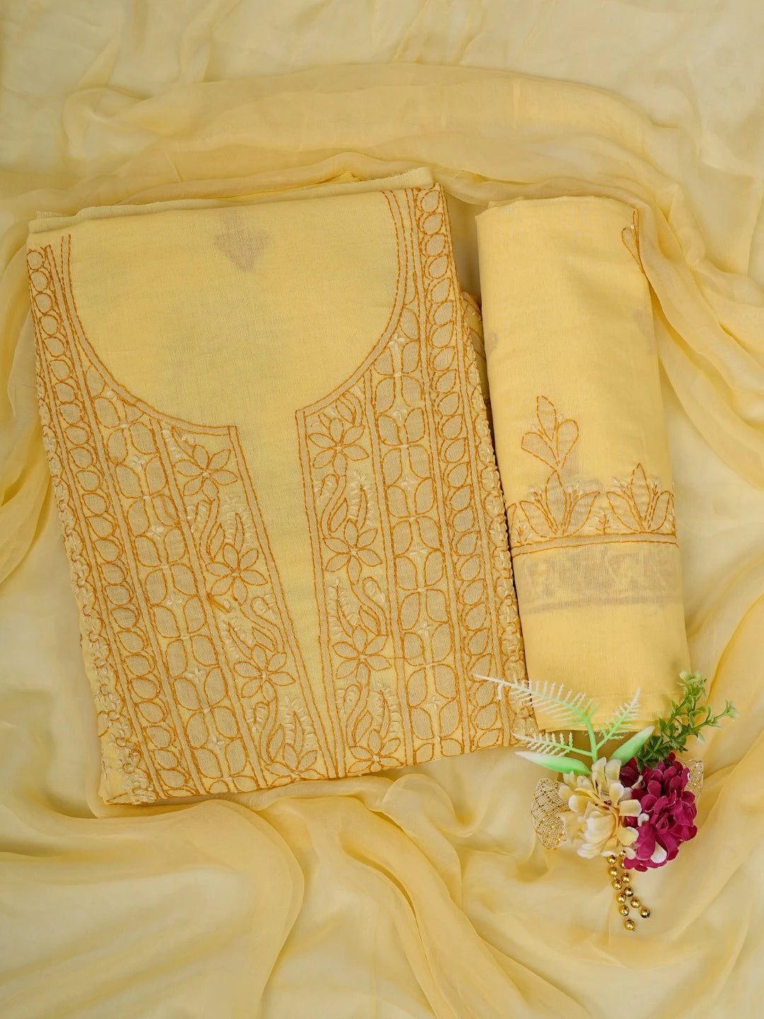 Ada Hand Embroidered Yellow Cotton Lucknowi Chikankari Unstitched Suit Piece 01A829720
