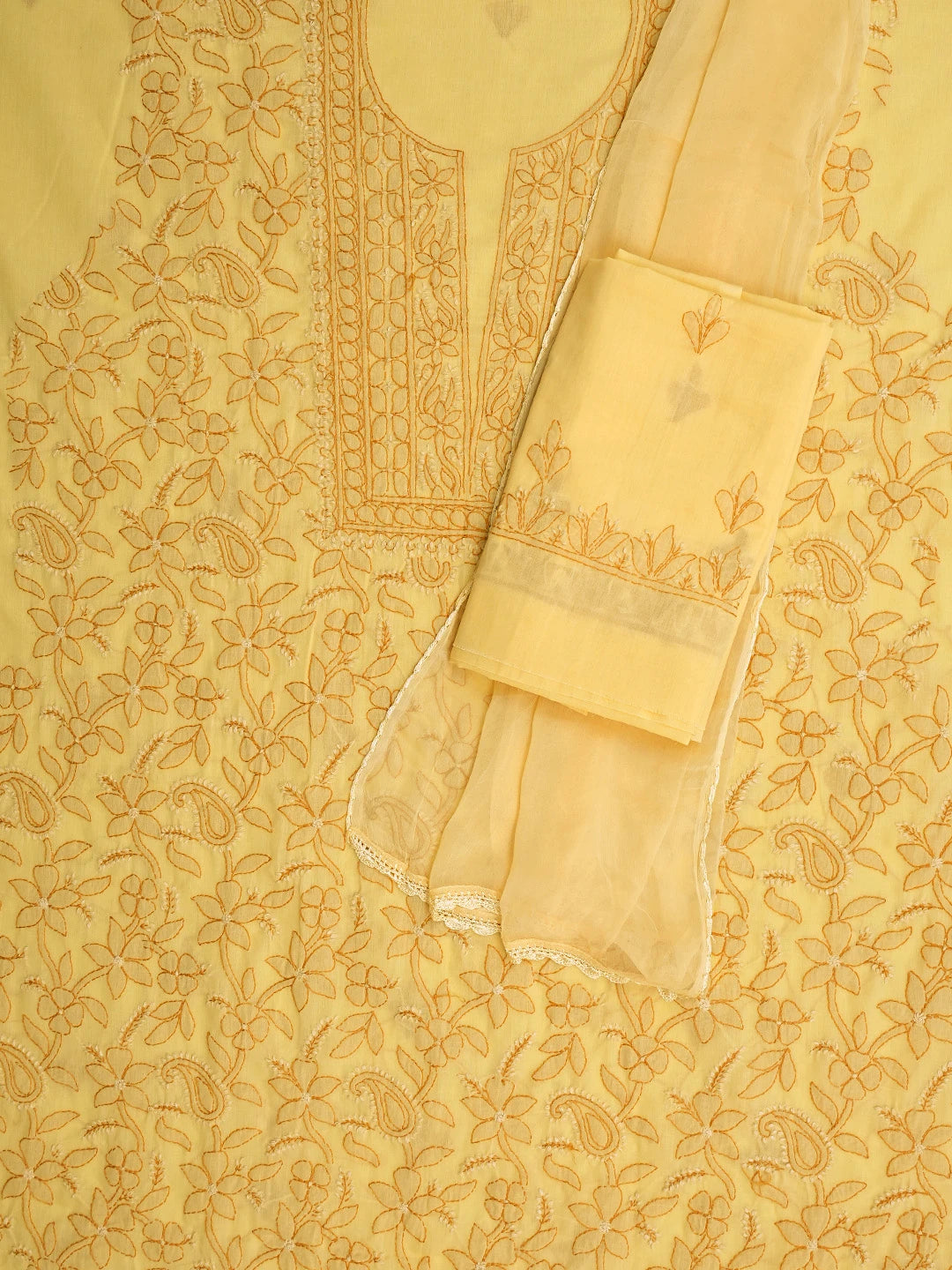 Ada Hand Embroidered Yellow Cotton Lucknowi Chikankari Unstitched Suit Piece 01A829720