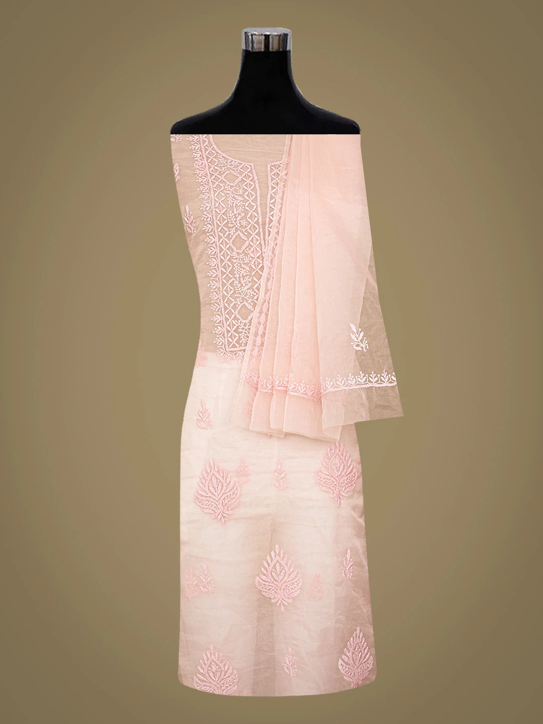 Ada Hand Embroidered Cherry Blossom Pink Organza Lucknowi Chikankari Unstitched Kurta Dupatta Set 01A810562