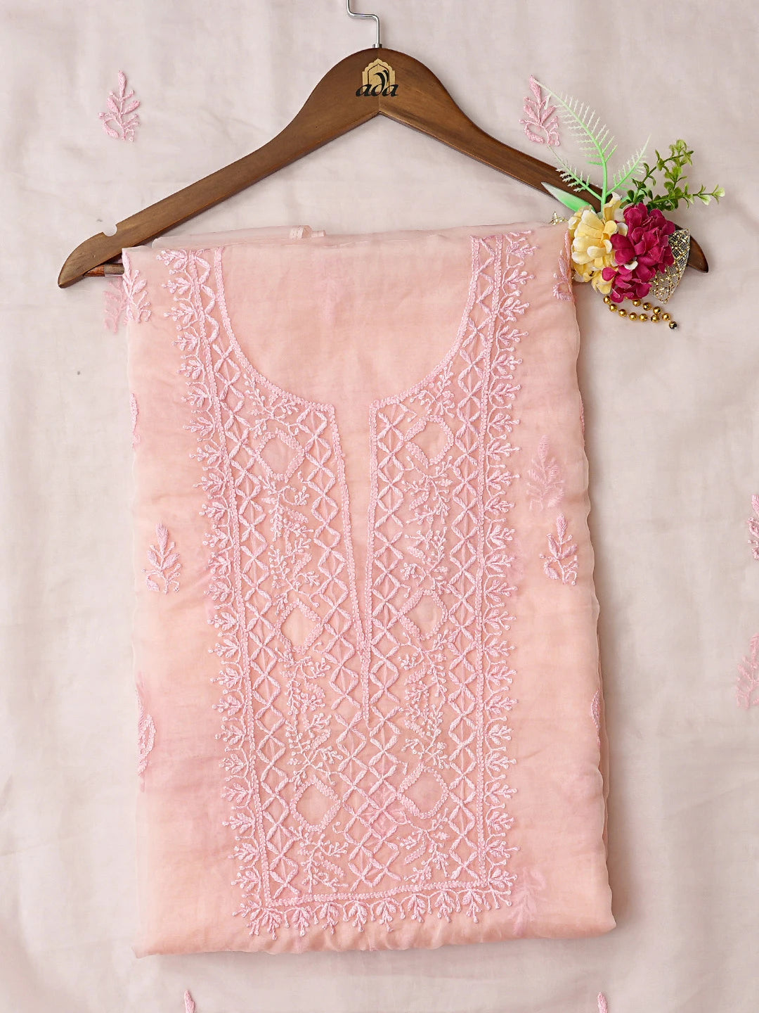 Ada Hand Embroidered Cherry Blossom Pink Organza Lucknowi Chikankari Unstitched Kurta Dupatta Set 01A810562
