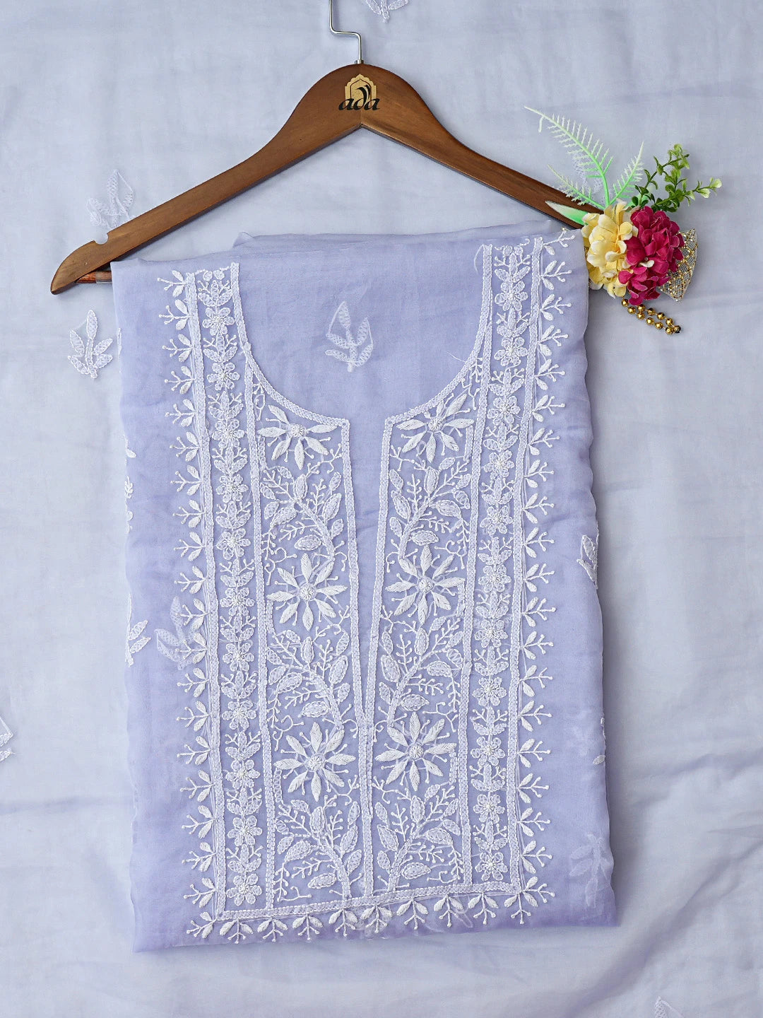 Ada Hand Embroidered Mauve Organza Lucknowi Chikankari Unstitched Kurta Dupatta Set 01A810577