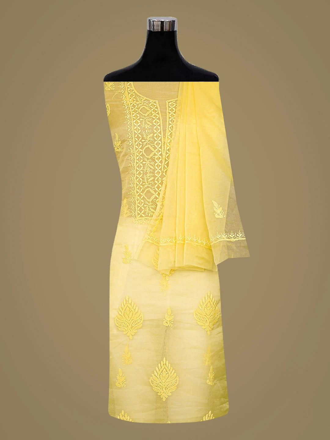 Ada Hand Embroidered Yellow Organza Lucknowi Chikankari Unstitched Kurta Dupatta Set 01A810566