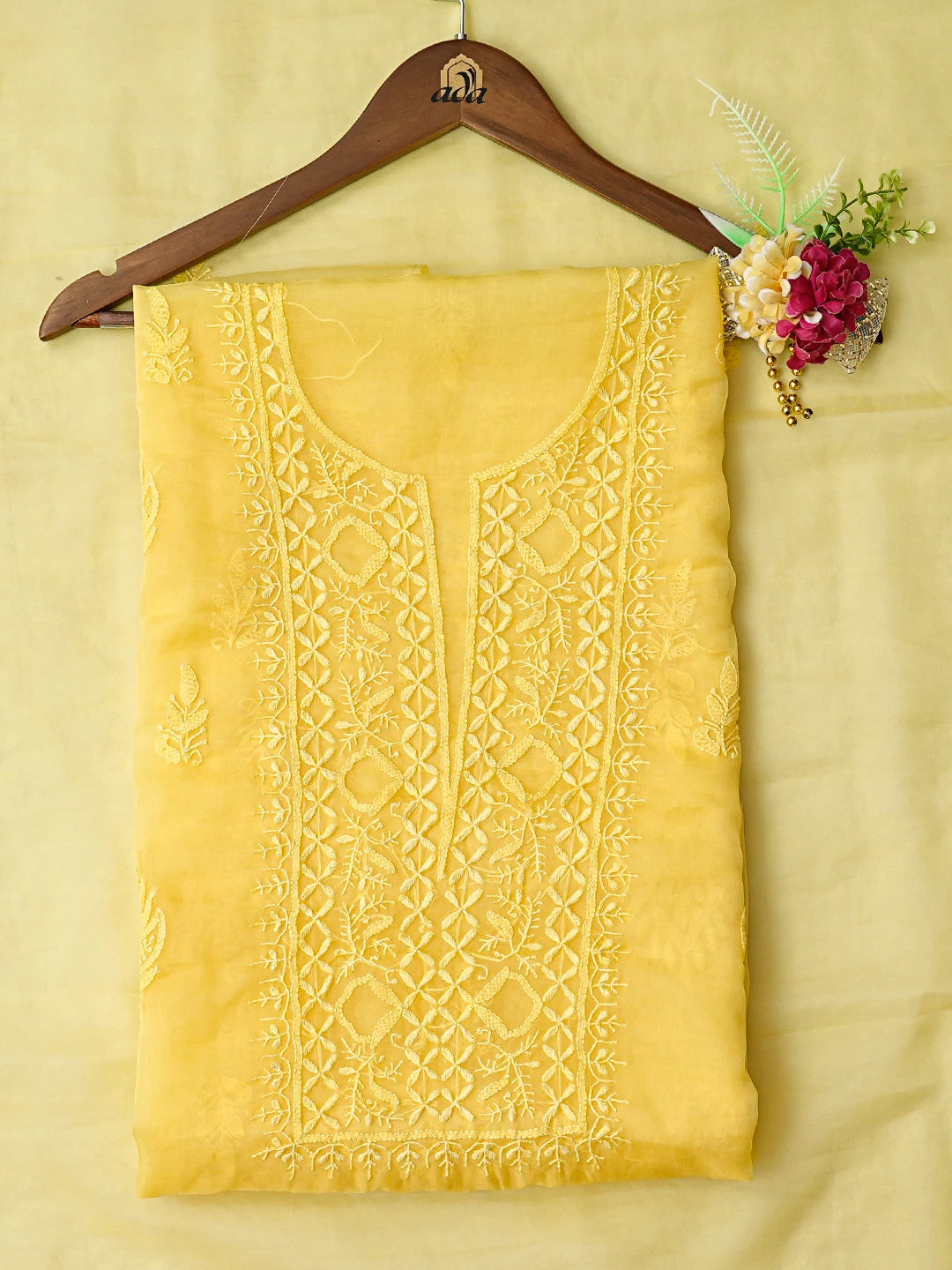 Ada Hand Embroidered Yellow Organza Lucknowi Chikankari Unstitched Kurta Dupatta Set 01A810566