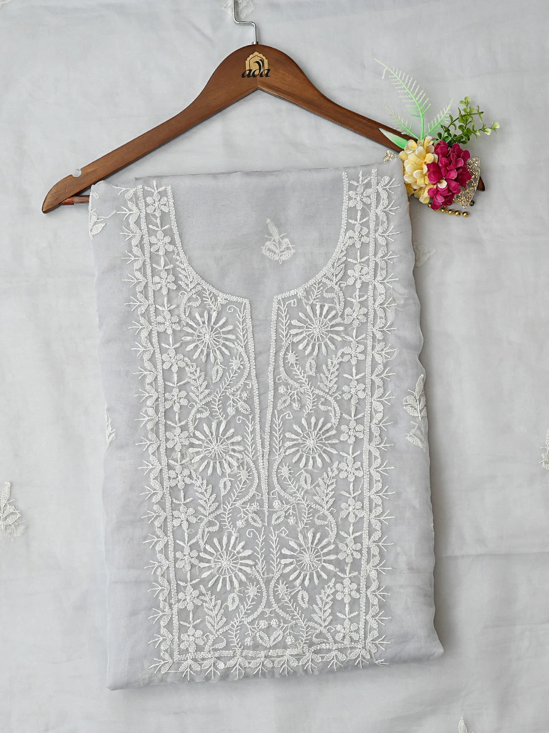 Ada Hand Embroidered Grey Organza Lucknowi Chikankari Unstitched Kurta Dupatta Set 01A810568
