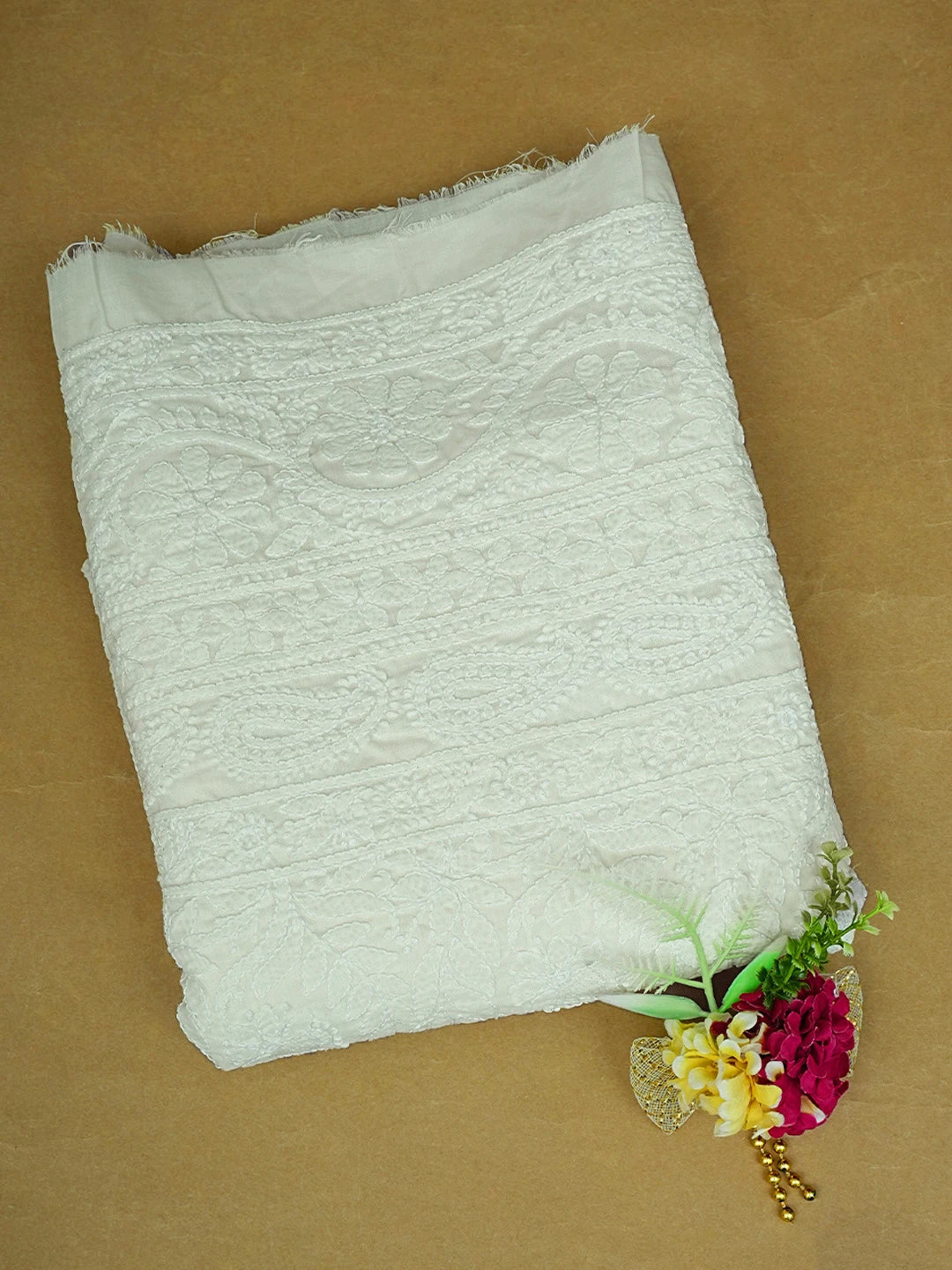 Ada Hand Embroidered Cream Cotton Lucknowi Chikankari Unstitched Kurta Piece 01A829666