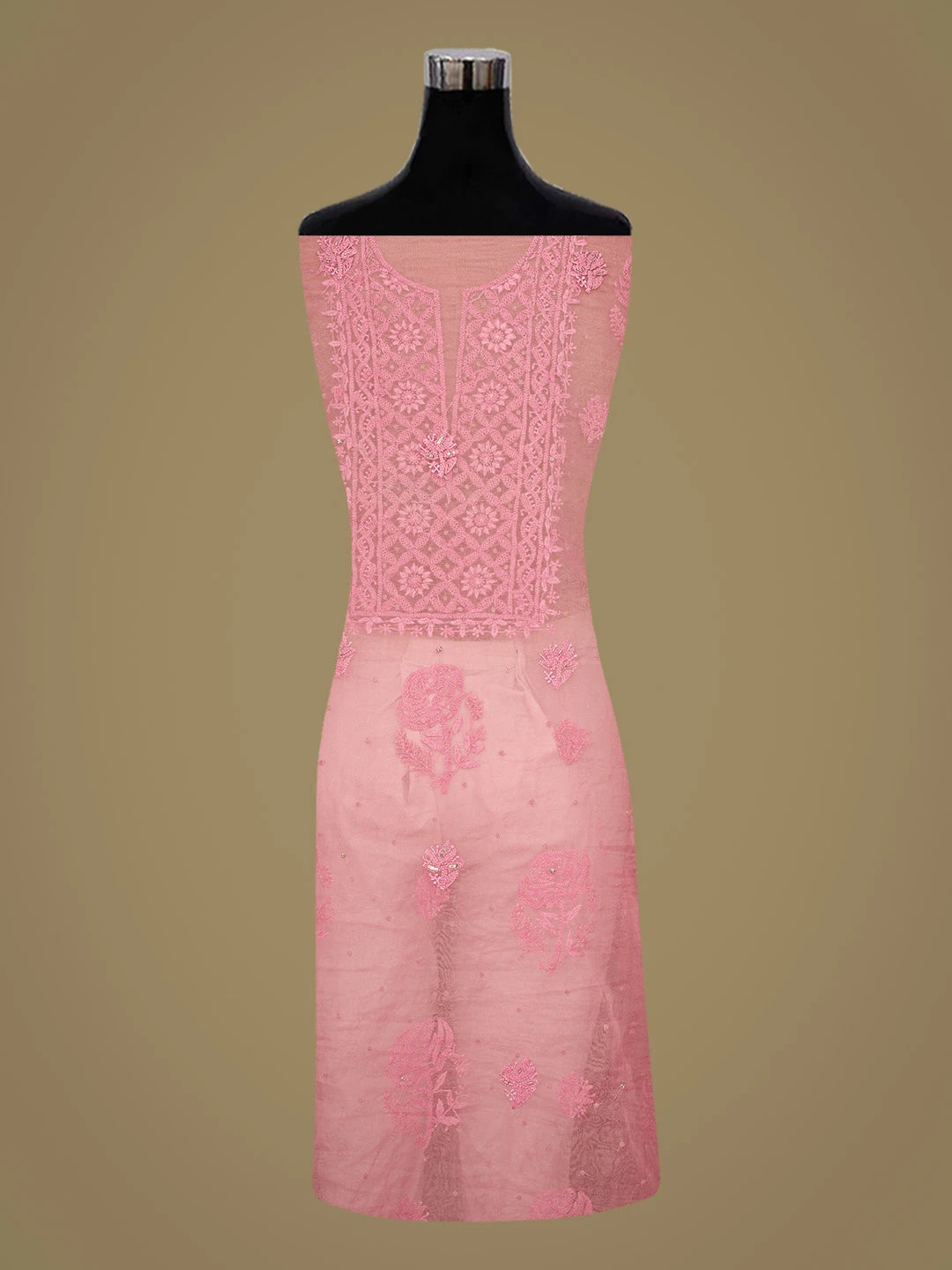 Ada Hand Embroidered Pink Organza Lucknowi Chikankari Unstitched Kurta Dupatta Set With Cutdana Work 01A720494