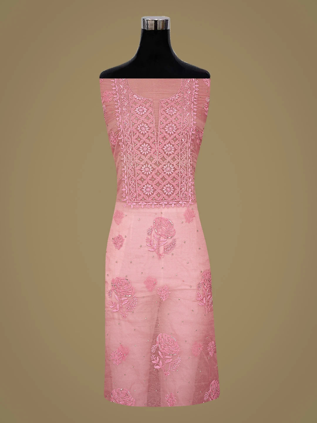 Ada Hand Embroidered Pink Organza Lucknowi Chikankari Unstitched Kurta Dupatta Set With Cutdana Work 01A720494