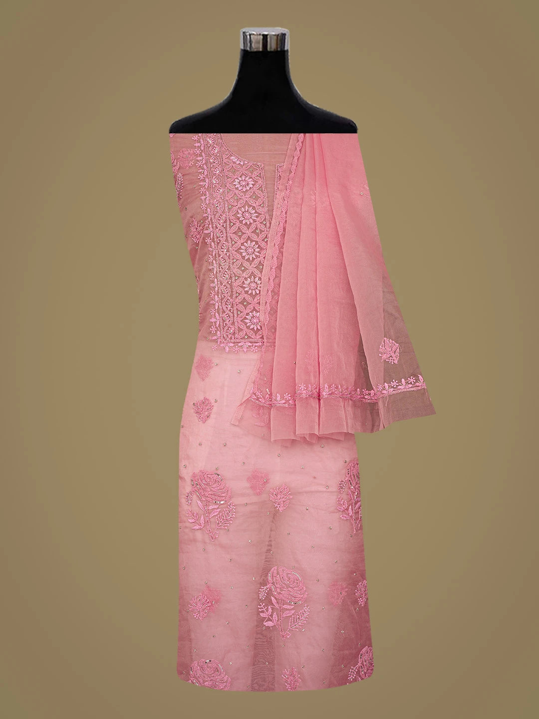Ada Hand Embroidered Pink Organza Lucknowi Chikankari Unstitched Kurta Dupatta Set With Cutdana Work 01A720494