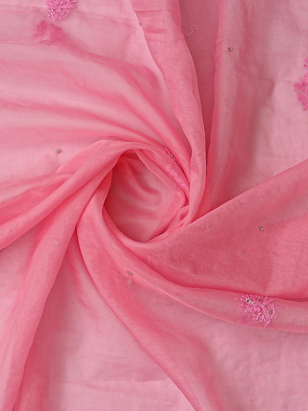 Ada Hand Embroidered Pink Organza Lucknowi Chikankari Unstitched Kurta Dupatta Set With Cutdana Work 01A720494