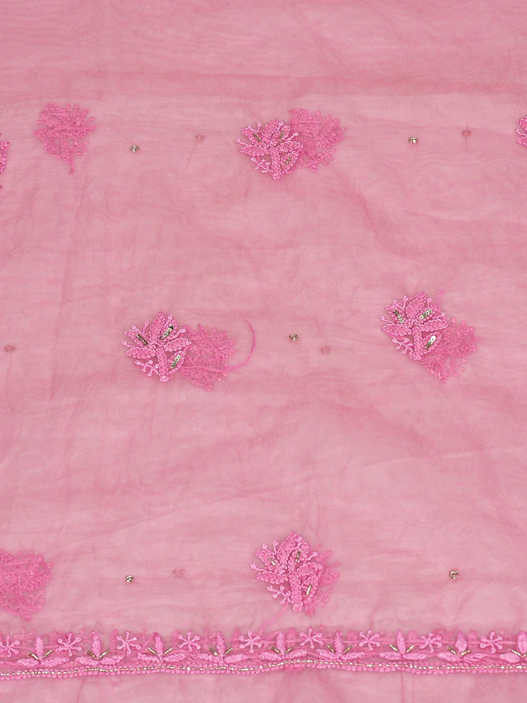 Ada Hand Embroidered Pink Organza Lucknowi Chikankari Unstitched Kurta Dupatta Set With Cutdana Work 01A720494