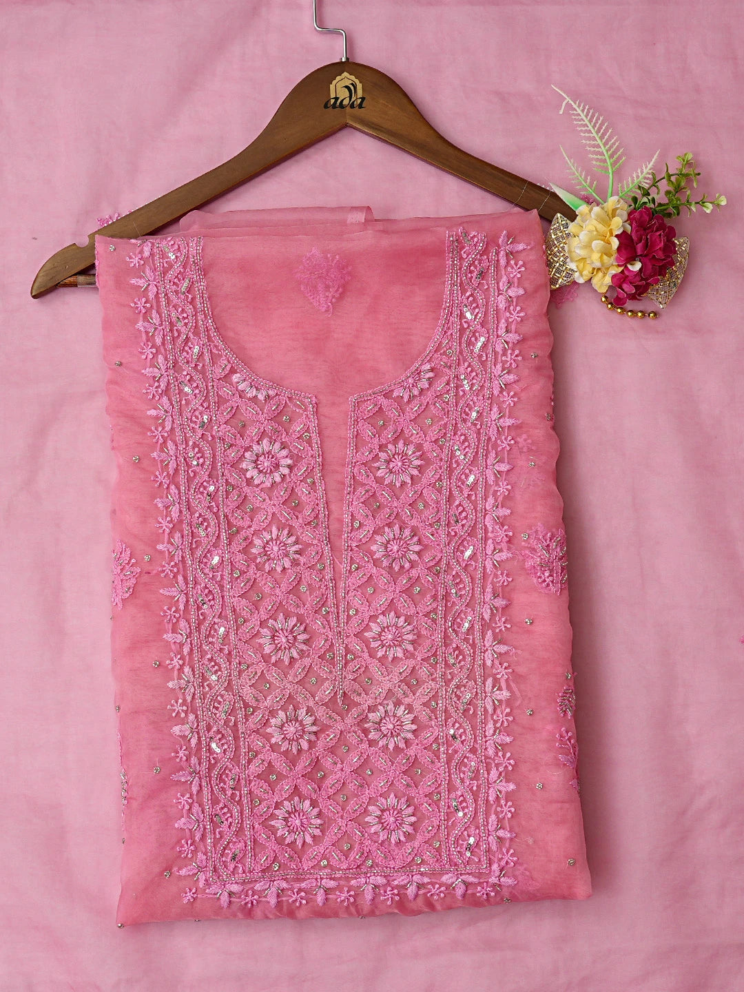 Ada Hand Embroidered Pink Organza Lucknowi Chikankari Unstitched Kurta Dupatta Set With Cutdana Work 01A720494