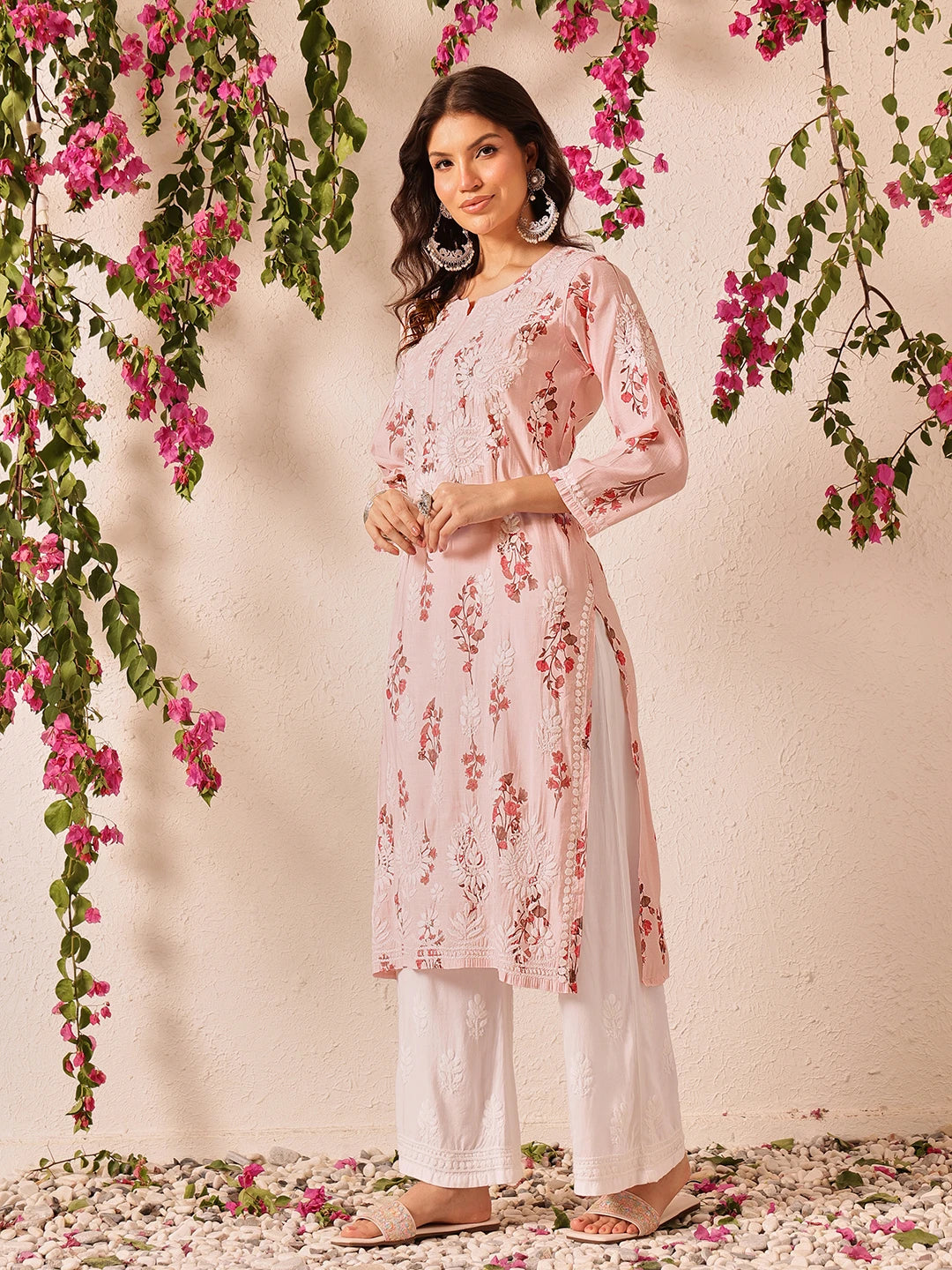 Ada Hand Embroidered Printed Pink Chanderi Lucknowi Chikankari Kurta Set A811335