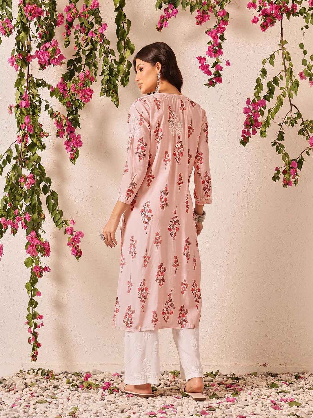 Ada Hand Embroidered Printed Pink Chanderi Lucknowi Chikankari Kurta Set A811335