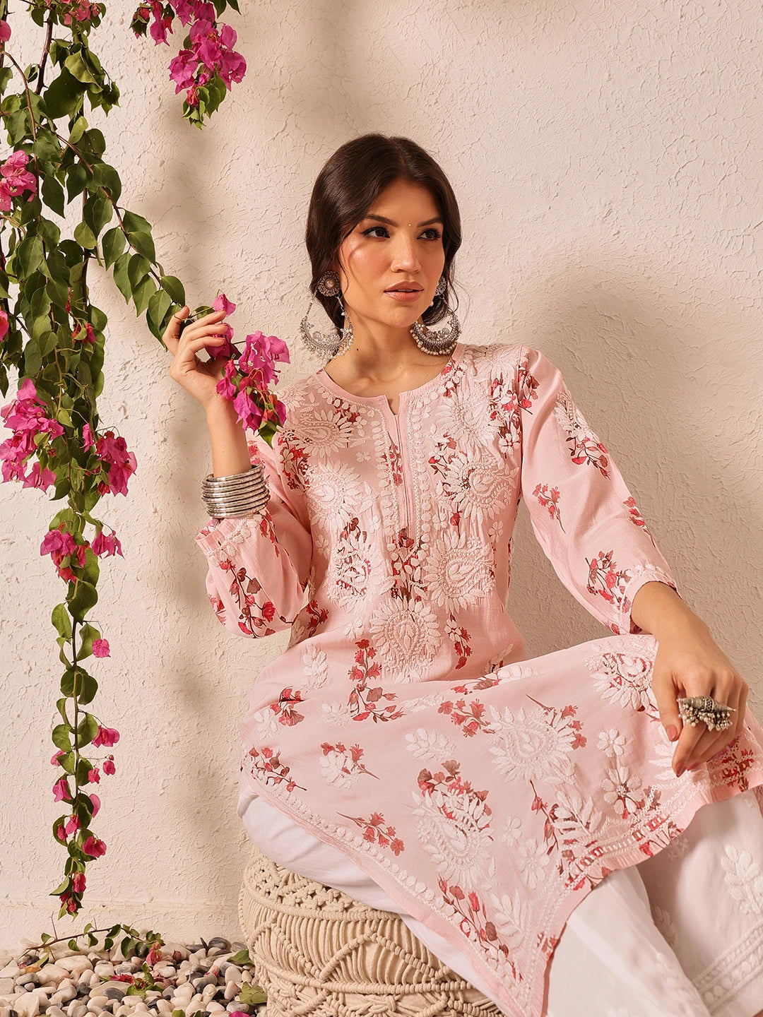 Ada Hand Embroidered Printed Pink Chanderi Lucknowi Chikankari Kurta Set A811335