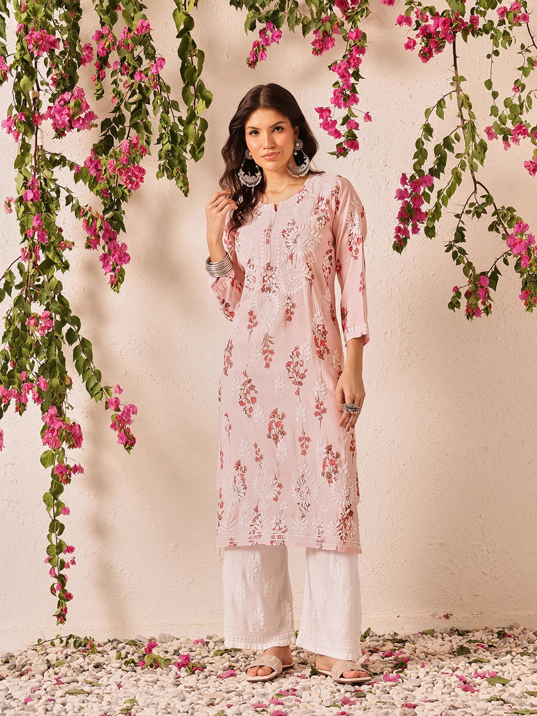 Ada Hand Embroidered Printed Pink Chanderi Lucknowi Chikankari Kurta Set A811335
