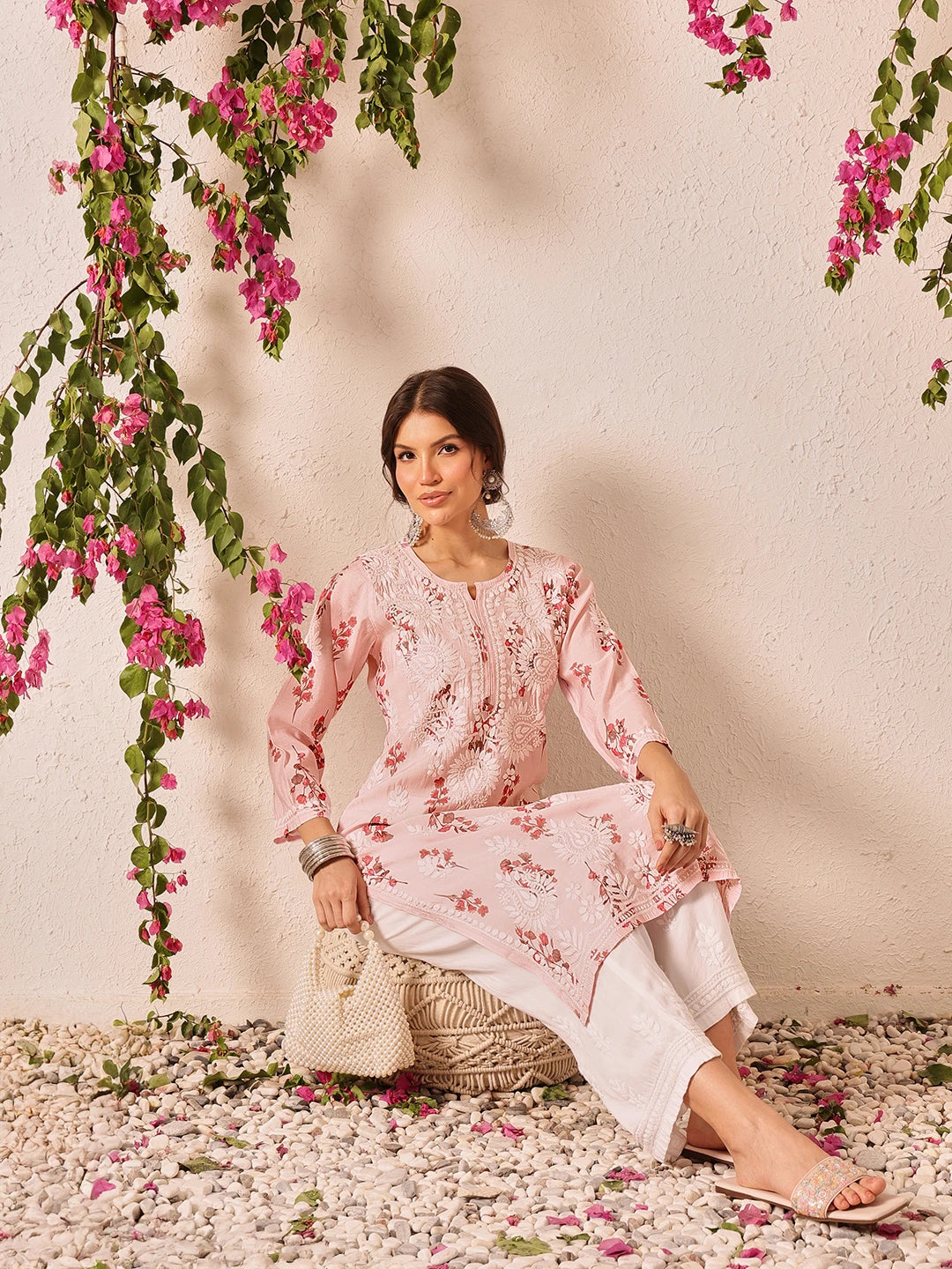 Ada Hand Embroidered Printed Pink Chanderi Lucknowi Chikankari Kurta Set A811335