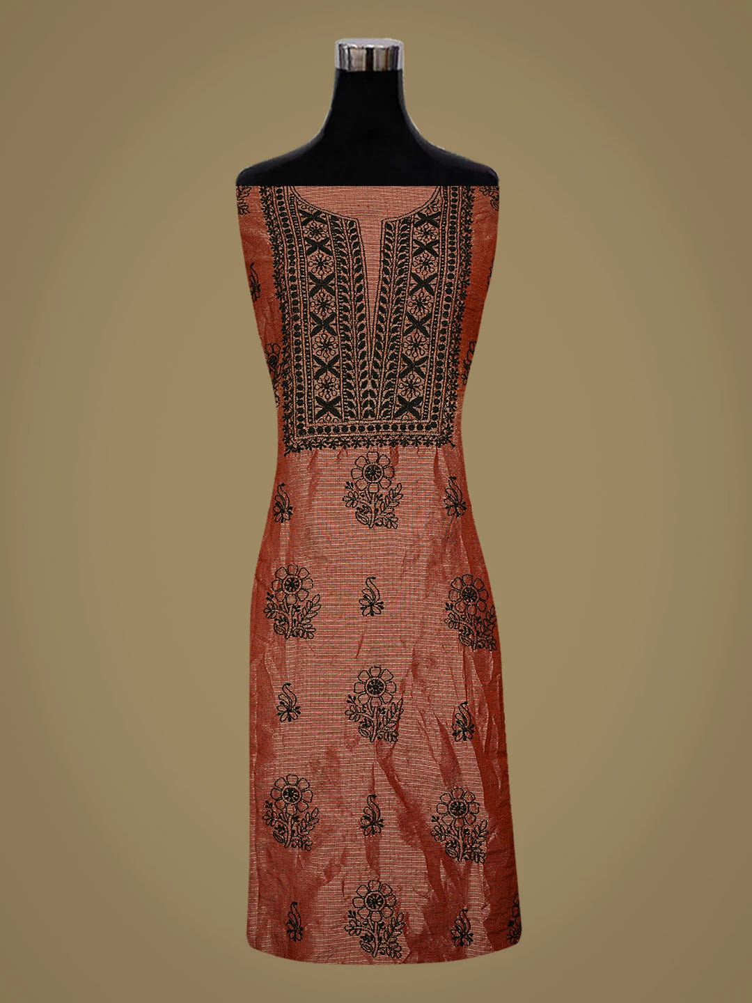 Ada Hand Embroidered Maroon Kota Tissue Lucknowi Chikankari Unstitched Kurta Dupatta Set 01A532688