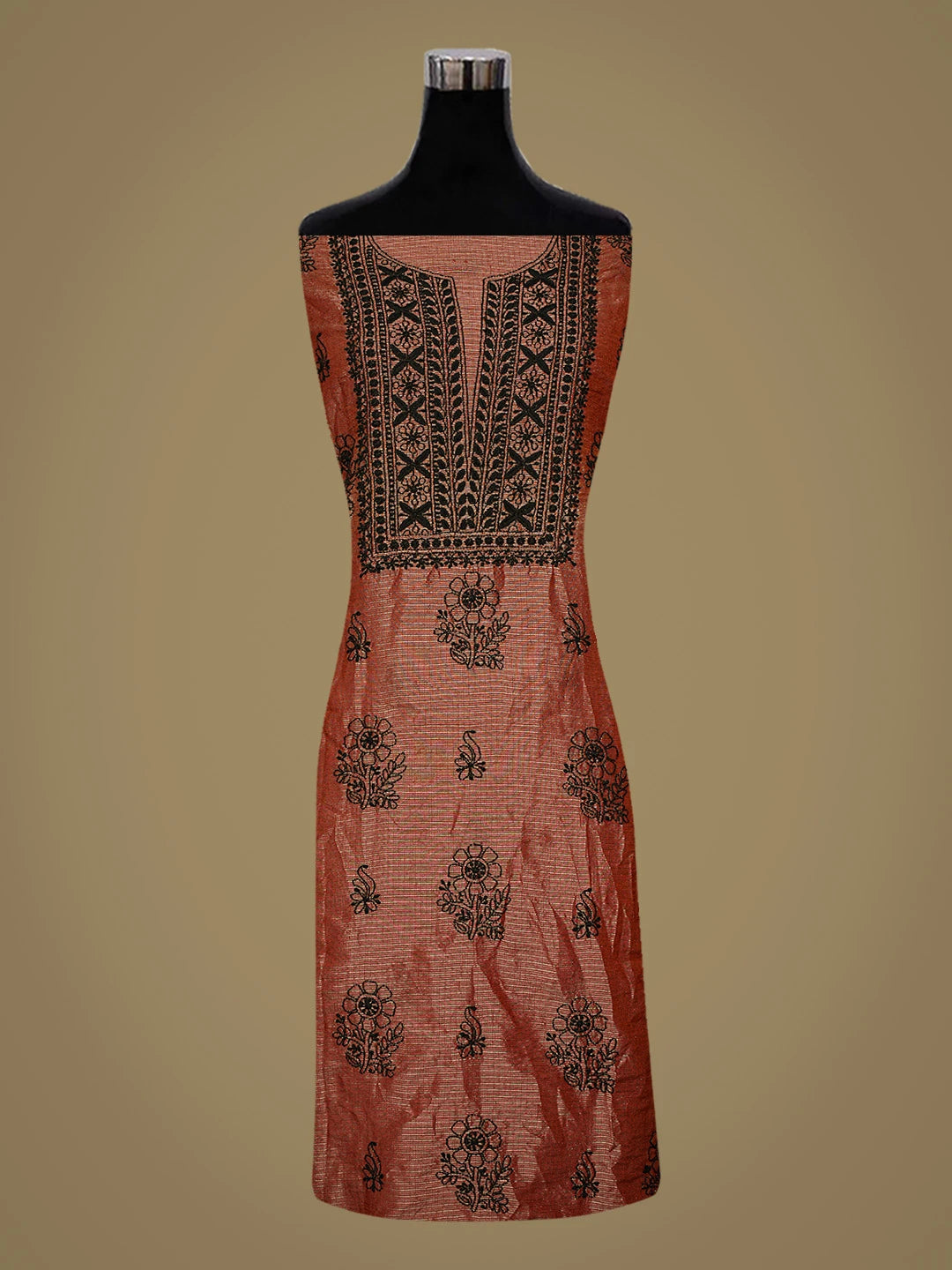 Ada Hand Embroidered Maroon Kota Tissue Lucknowi Chikankari Unstitched Kurta Dupatta Set 01A532688