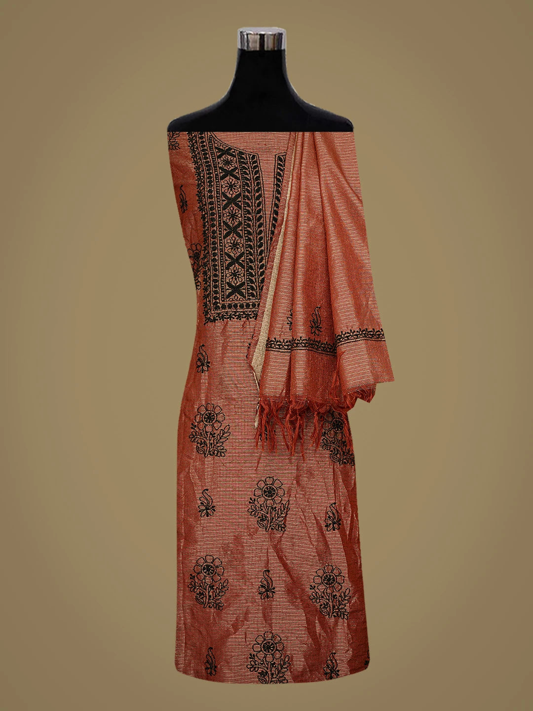 Ada Hand Embroidered Maroon Kota Tissue Lucknowi Chikankari Unstitched Kurta Dupatta Set 01A532688