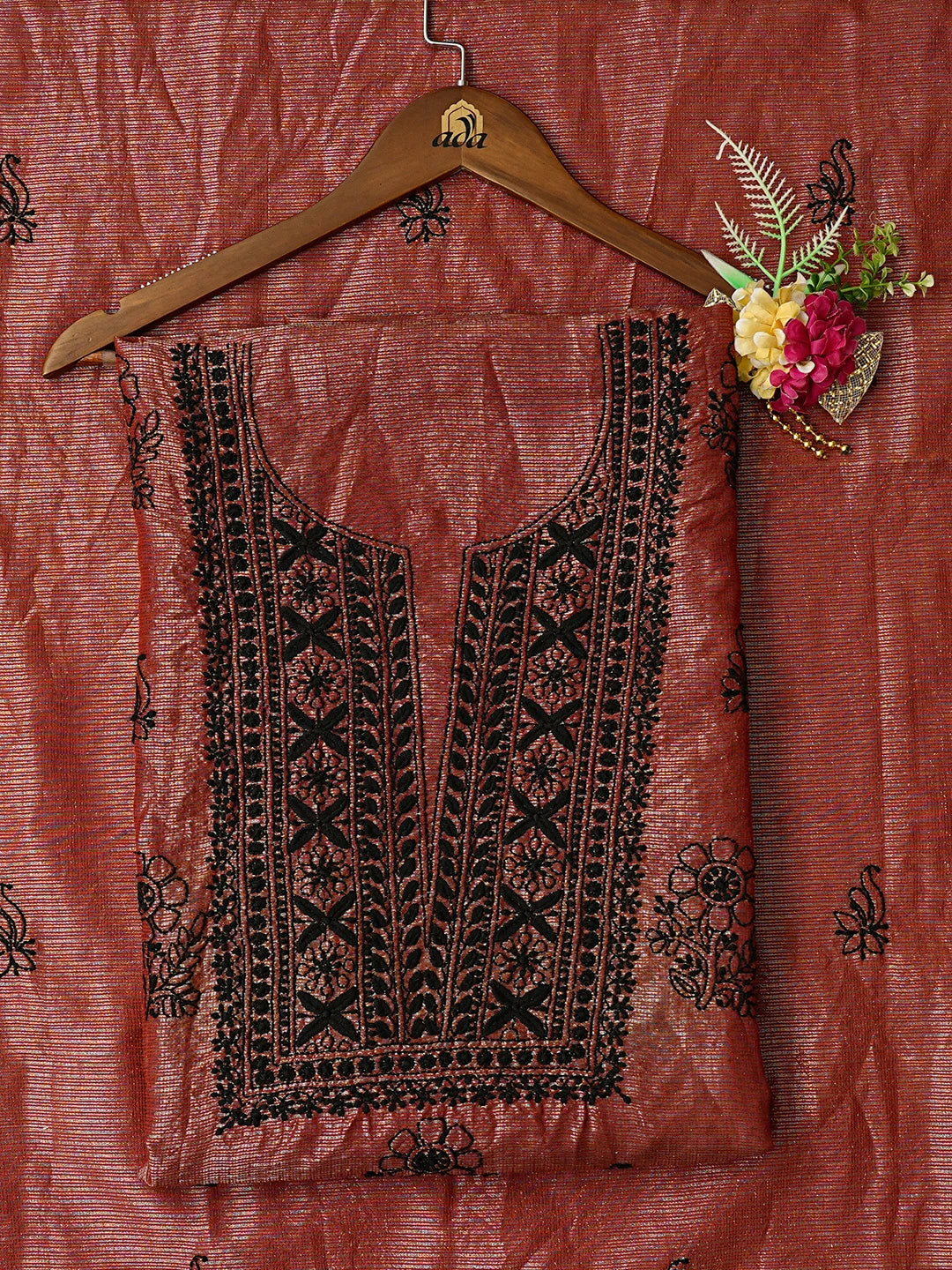 Ada Hand Embroidered Maroon Kota Tissue Lucknowi Chikankari Unstitched Kurta Dupatta Set 01A532688