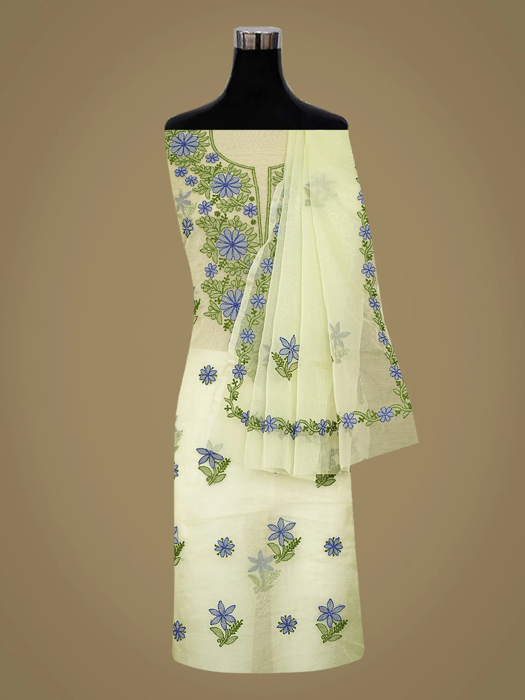 Ada Hand Embroidered Lime Green Organza Lucknowi Chikankari Unstitched Kurta Dupatta Set 01A767718