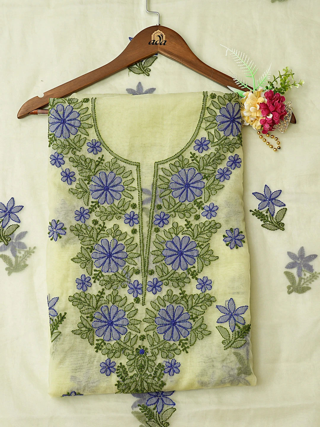 Ada Hand Embroidered Lime Green Organza Lucknowi Chikankari Unstitched Kurta Dupatta Set 01A767718