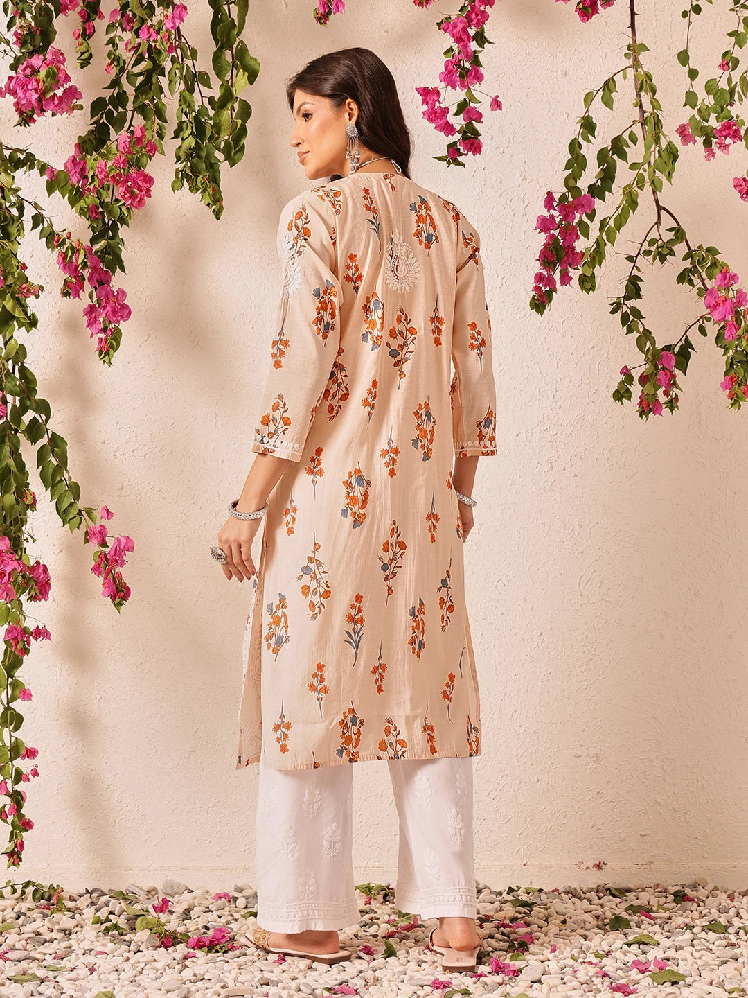 Ada Hand Embroidered Printed Peach Chanderi Lucknowi Chikankari Straight Kurta A411785