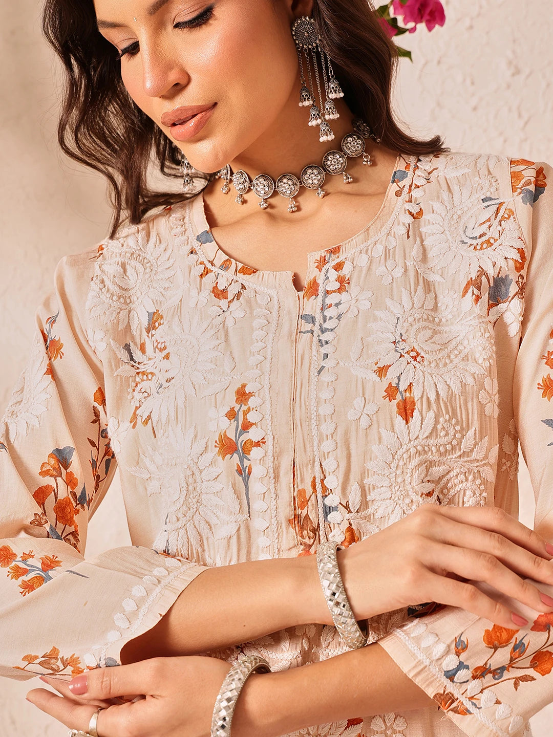 Ada Hand Embroidered Printed Peach Chanderi Lucknowi Chikankari Kurta Set A811336