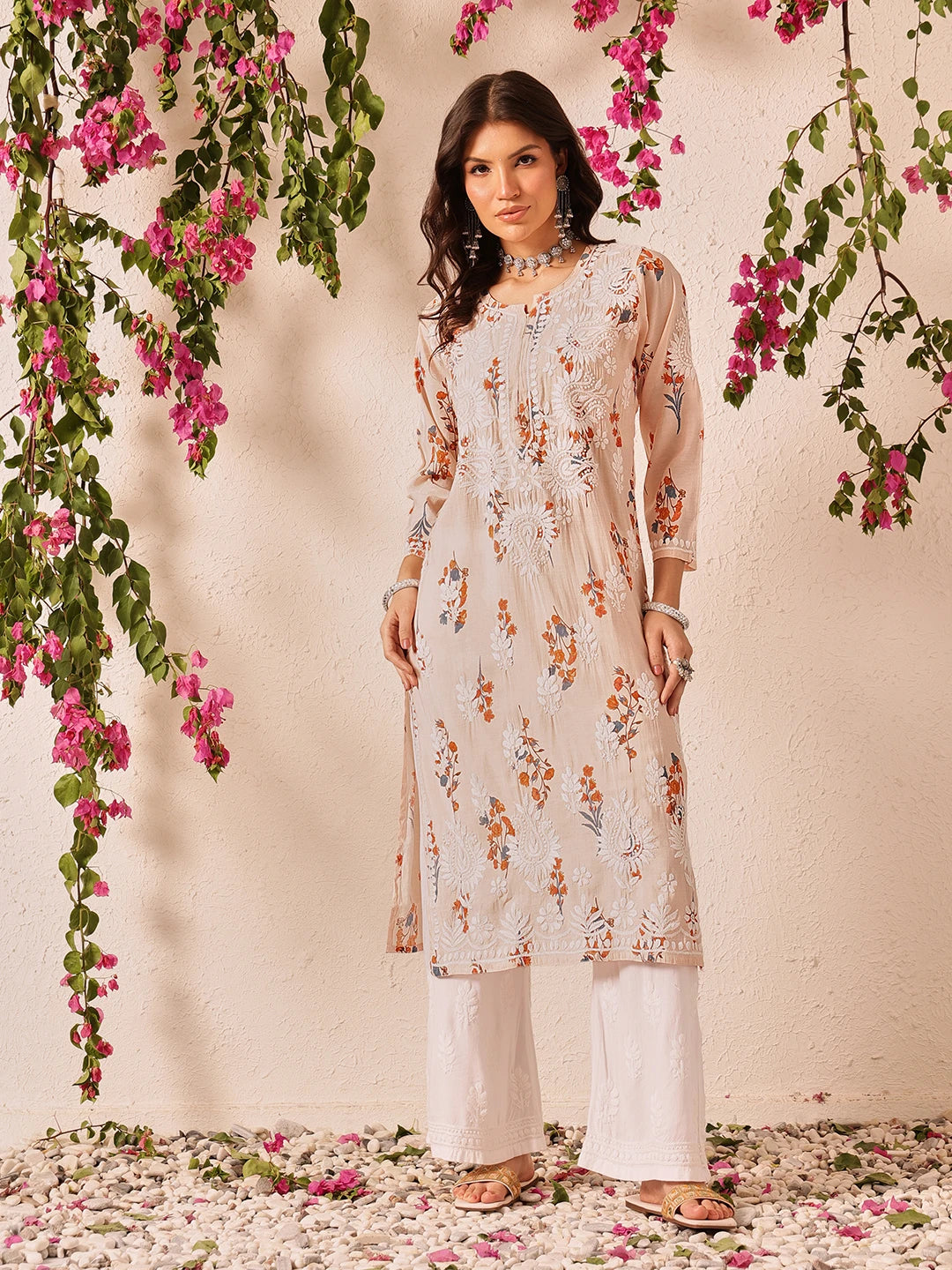 Ada Hand Embroidered Printed Peach Chanderi Lucknowi Chikankari Straight Kurta A411785