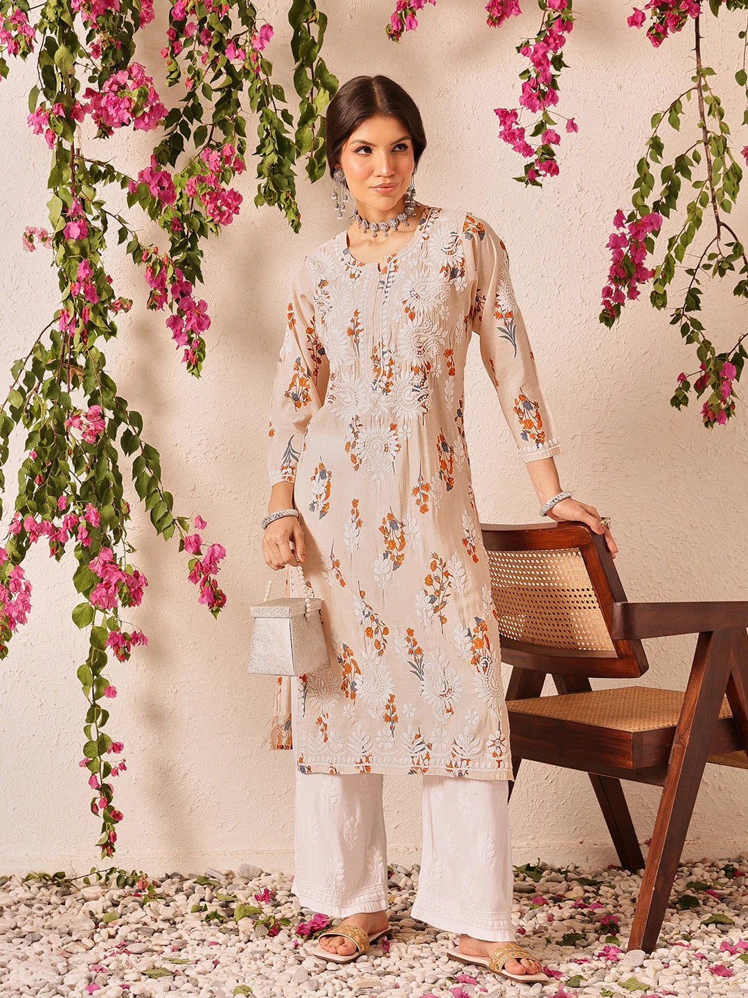 Ada Hand Embroidered Printed Peach Chanderi Lucknowi Chikankari Kurta Set A811336
